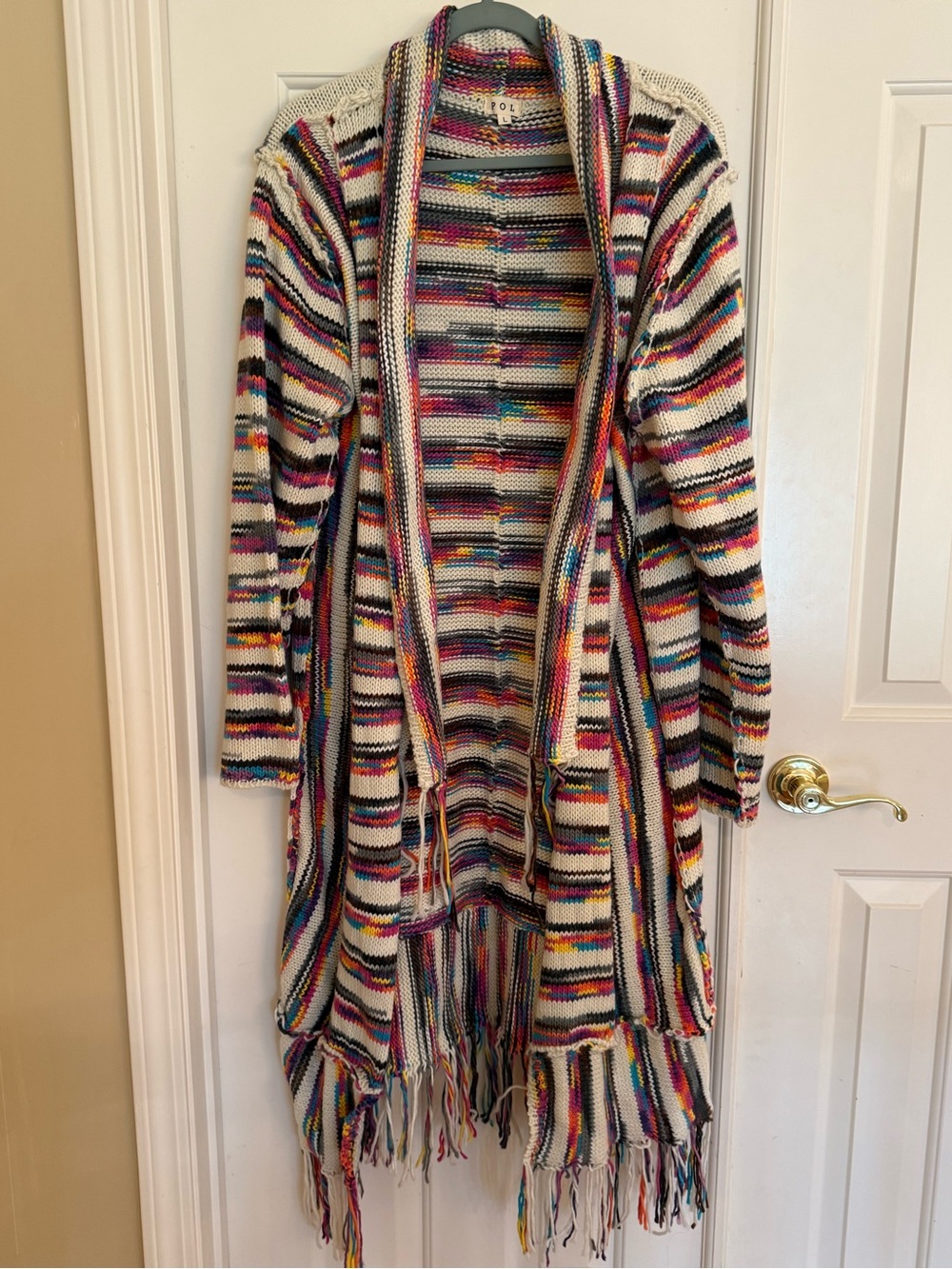POL Multicolor Striped Fringe Open-Front Cardigan